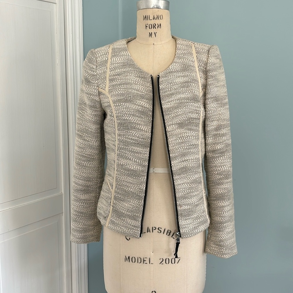 Beige and black textured collarless blazer/ jacket